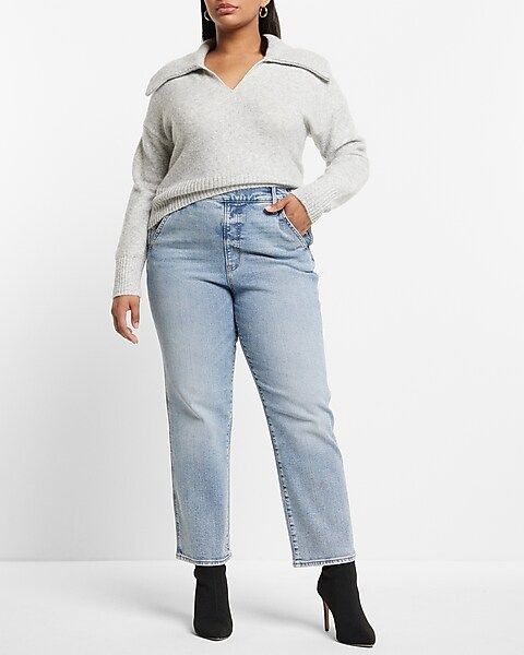 High Waisted Light Wash Side Button Straight Ankle Jeans | Express