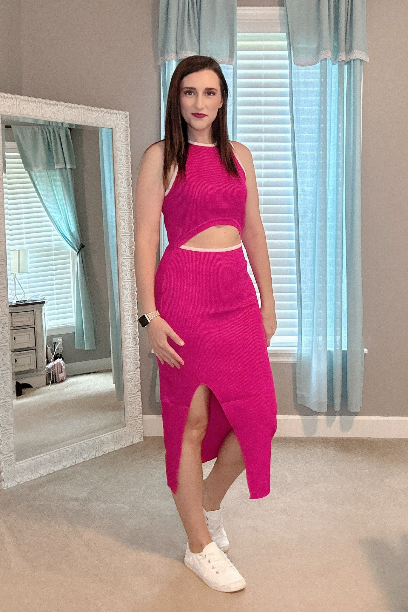 Adorable rubbed bodycon is perfect for summer! I love the hot pink color with the white contrast. The cutout is very on trend. Style it with sneakers for a casual look or with heels to dress it up! Wearing a medium so it isn’t so clingy. 

#LTKunder50 #LTKstyletip #LTKFind