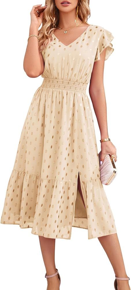 GRACE KARIN Women's V Neck Ruffle Sleeve Summer Dress 2023 Split Flowy Tiered Midi Dress Wedding ... | Amazon (US)