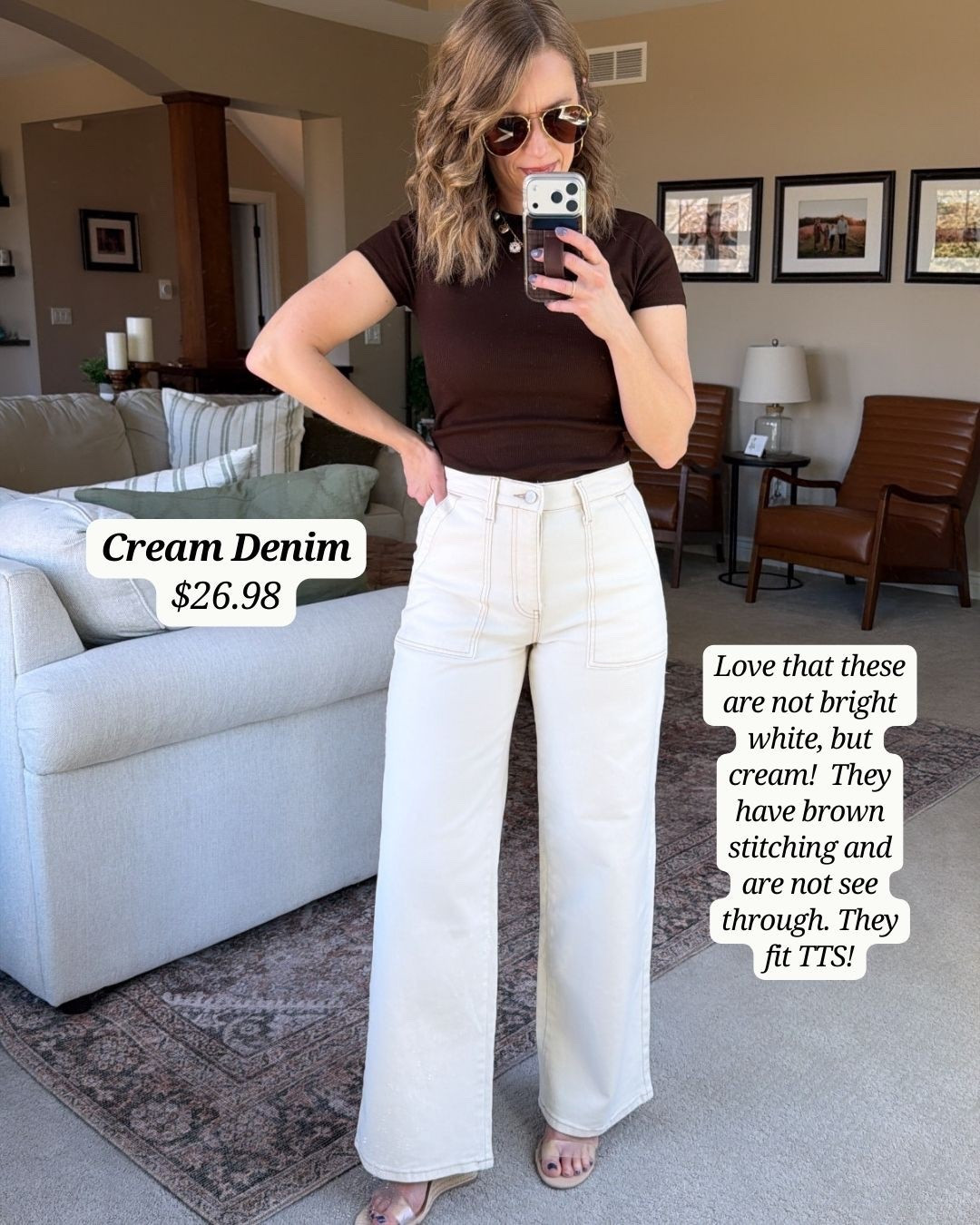 I love these cream denim jeans from Walmart. They are not super bright and have cute. Brown stitching. Perfect to dress up! They fit TTS.

#LTKOver40 #LTKgrwm #LTKPetite