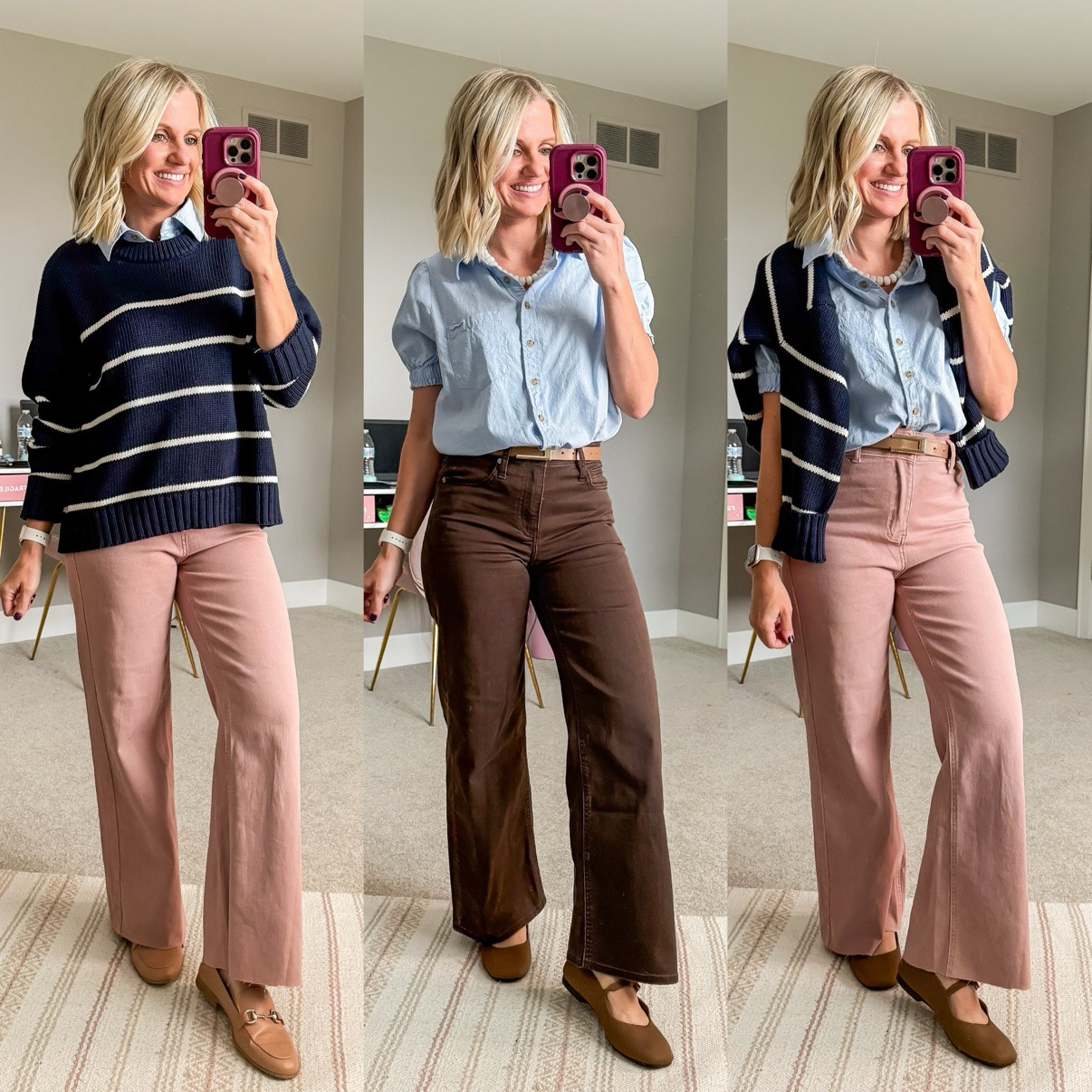 Fall Capsule 2026 🍂 Three ways I'm styling my pink corduroy wide-leg pants! This is look 1 of 8 with this piece — my 20-piece capsule mixes and matches into 120 outfits. Which one is your favorite?! Shop the pieces on my LTK! 🤎

#fallcapsulewardrobe #capsulewardrobe #falloutfits #fallfashion #petitestyle #affordablefashion #ltkstyle #ltkfall