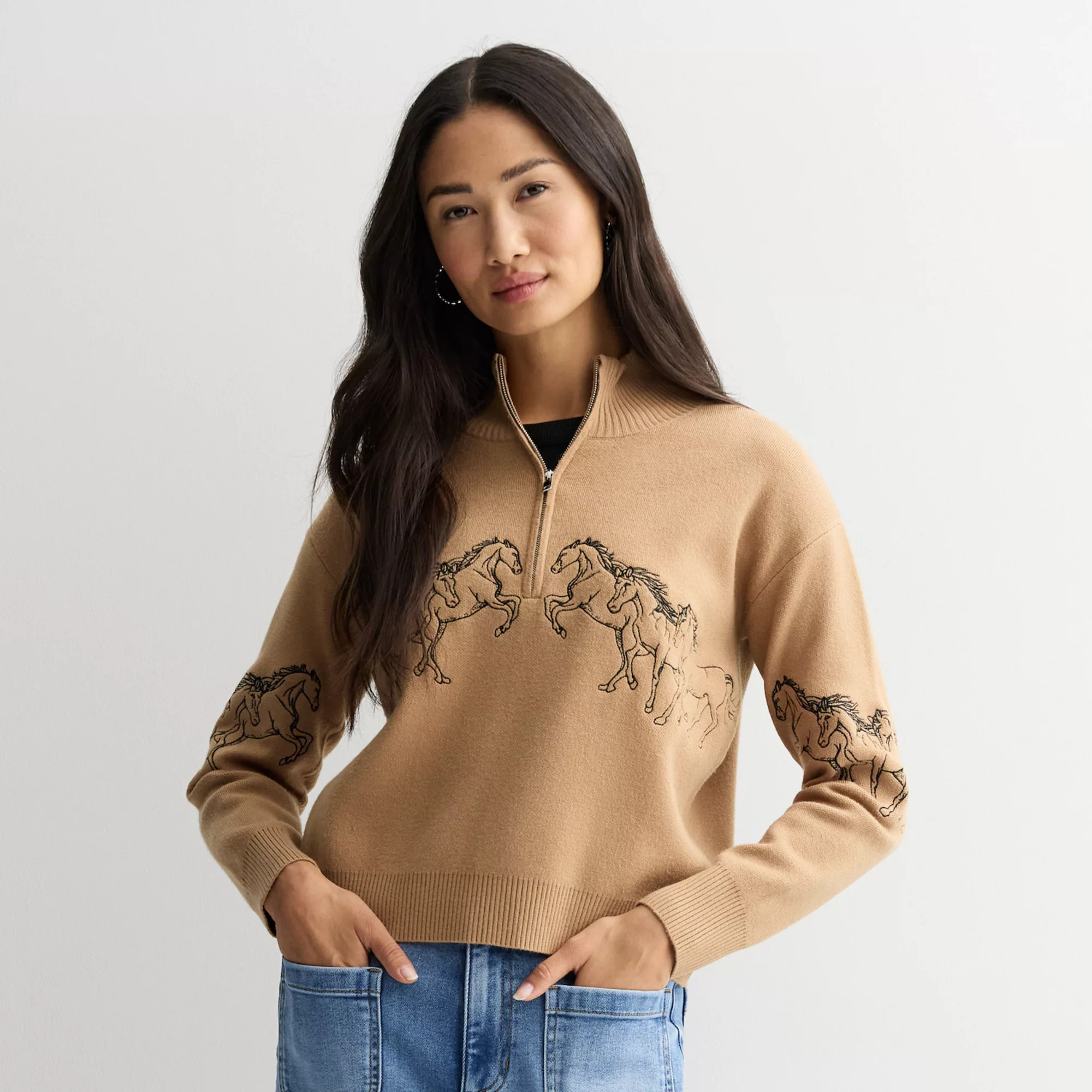 Women's Chelsea & Theodore Half Zip-Up Pullover with Embroidered Horses | Kohl's