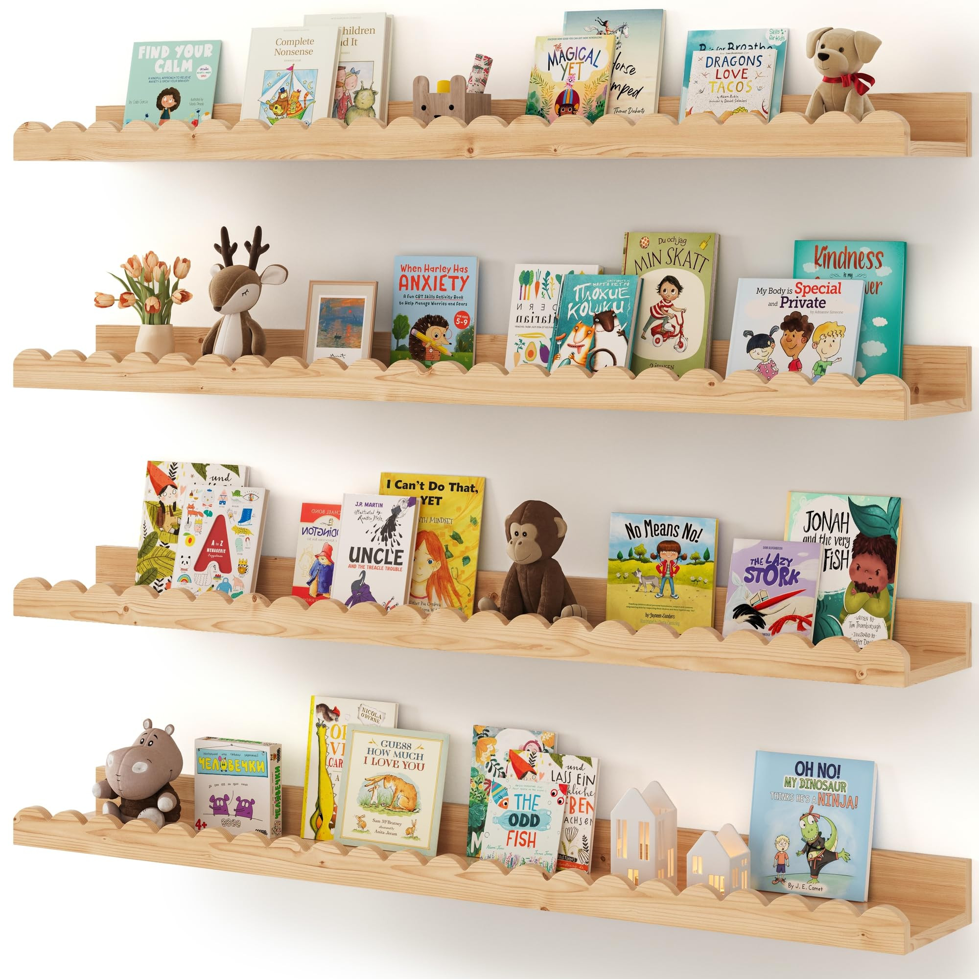 Nursery Book Shelves, 4-Pack Wood Floating Shelves for Wall Kids, Scalloped Shelves, Wall Book Sh... | Amazon (US)