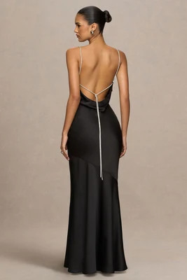 Maelia | Black Satin Cowl-Neck Maxi Dress With Diamante Straps | Club L London