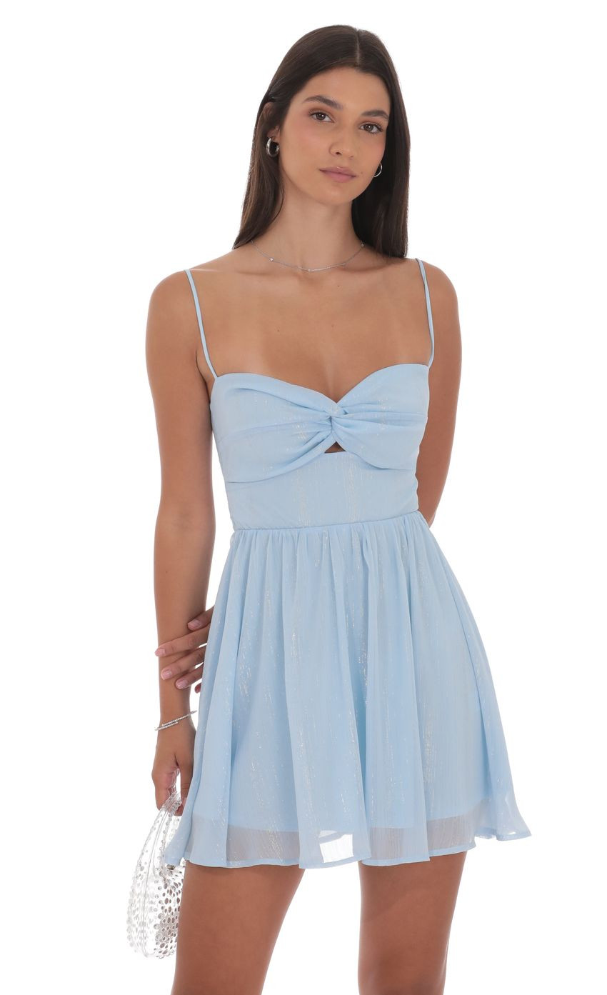 Shimmer Front Twist A-line Dress in Light Blue | Lucy in the Sky