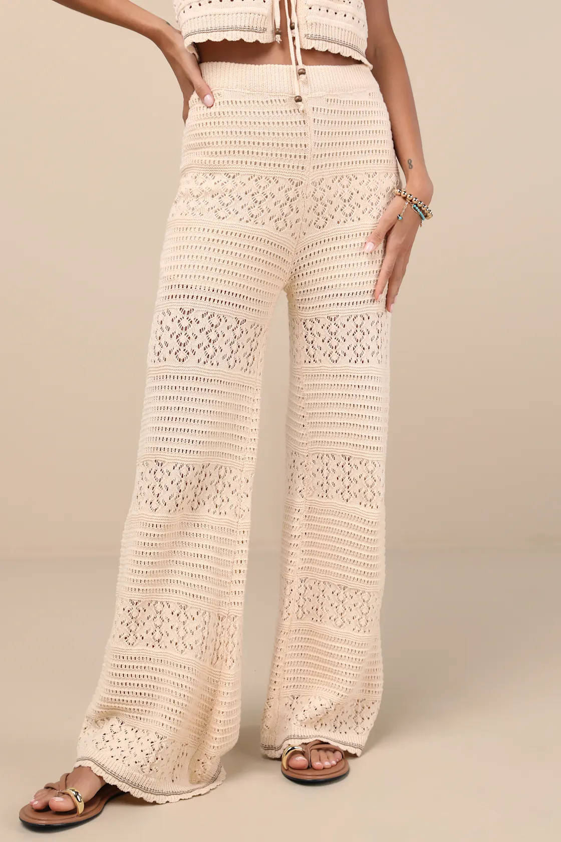 Desta Beige Crochet Knit Wide-Leg Pants | Lulus