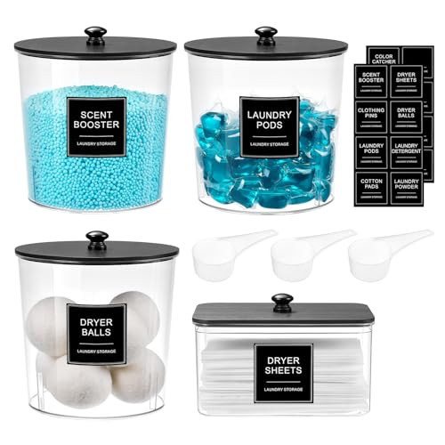 SACIOVEE Laundry Pods Container & Dryer Sheet Holder, Laundry Room Organization and Storage Jars with Lids, Labels & Scoops for Powder Detergent Scent Booster, Black Lid | Amazon (US)