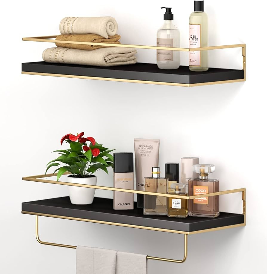 Shario Black Floating Shelves - Set of 2, Wall Mounted Hanging Shelves with Golden Towel Rack, De... | Amazon (US)
