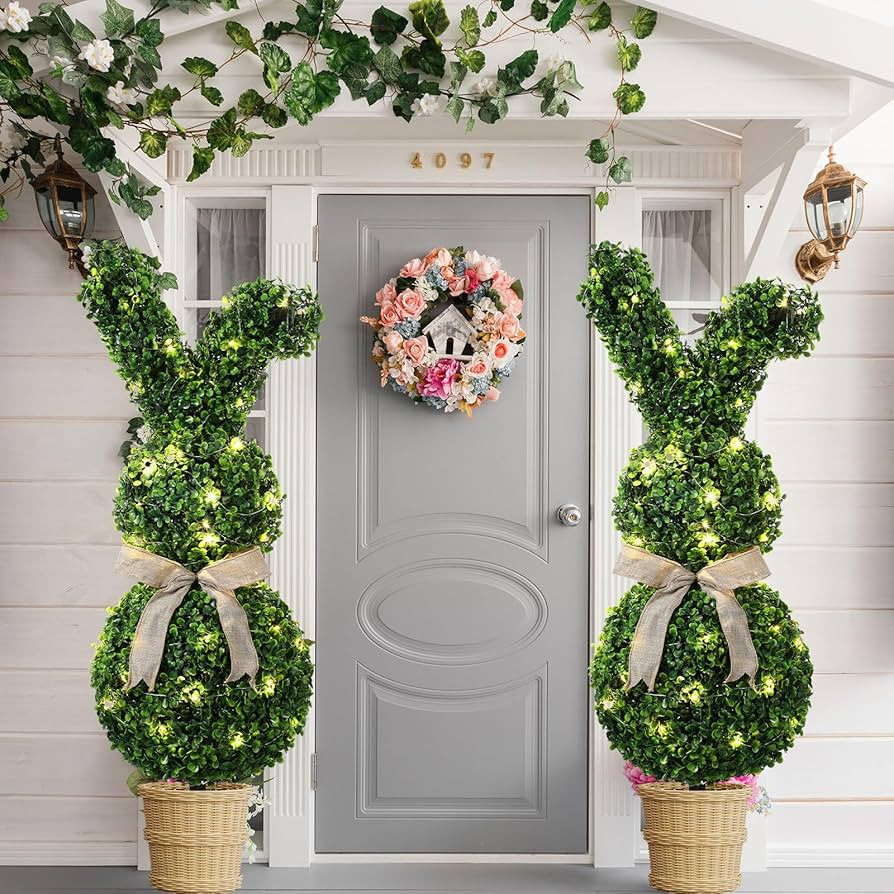 2 Pcs 31.5 Inch Easter Artificial Bunny Shaped Topiary Trees with Ground Spike, Spring Faux Boxwo... | Amazon (US)