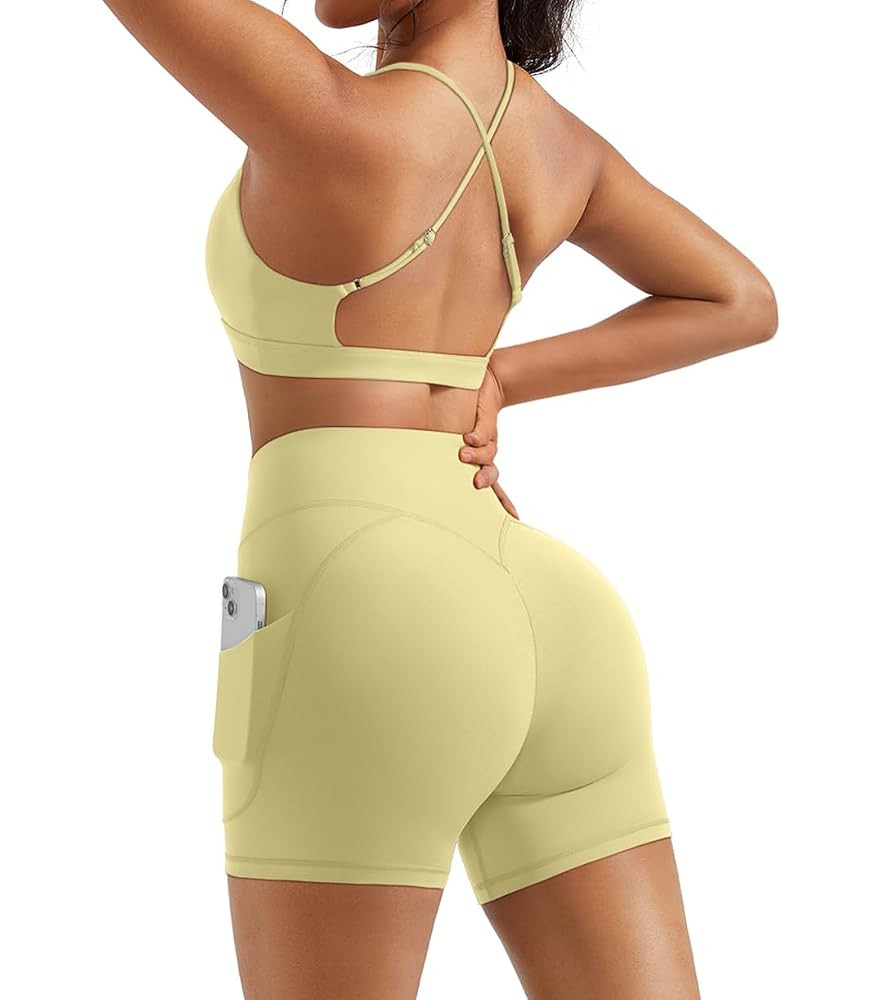 OMKAGI 2 Piece Workout Sets for Women Open Back Padded Sports Bras Booty Shorts with Pockets Gym ... | Amazon (US)