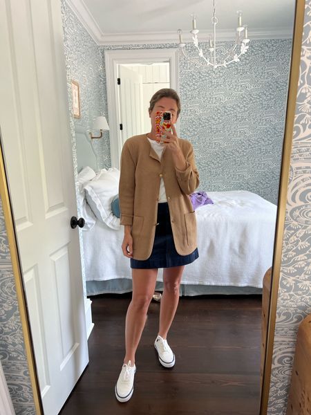 Jcrew cardigan (small) and navy corduroy skirt (wearing a 4)! True to size 