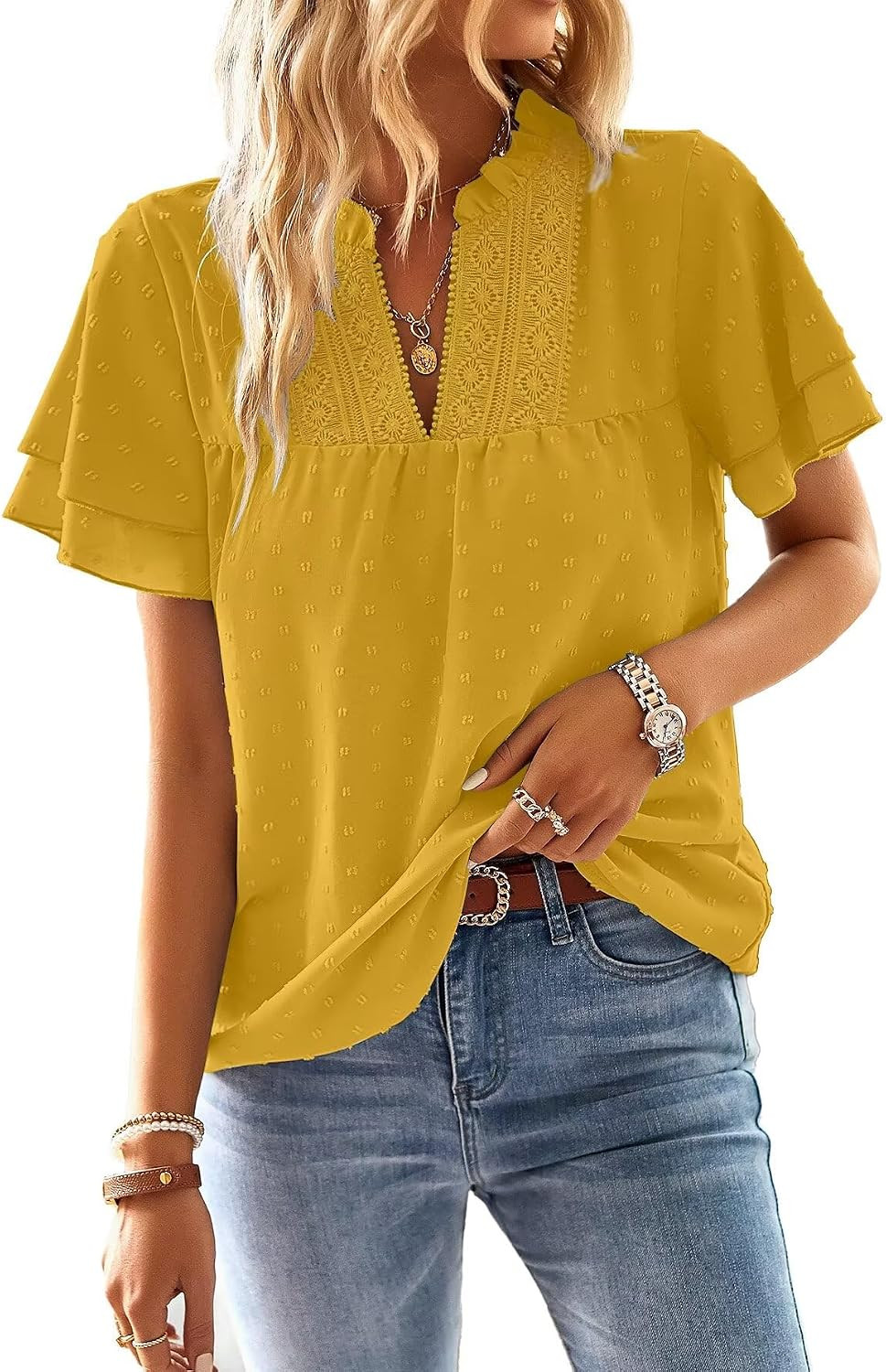 Falechay Womens Tops Boho Flowy Shirts Dressy Casual Short Sleeve Blouses | Amazon (US)