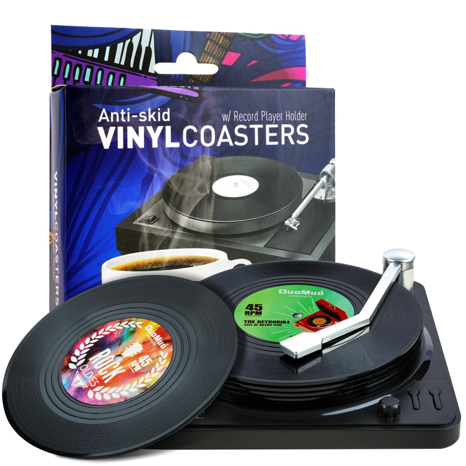 Funny Retro Record Coasters for Drinks with Vinyl Player Holder for Music Lovers,Set of 6 Convers... | Amazon (US)