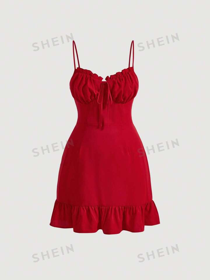 SHEIN MOD Plus Frill Trim Ruched Bust Ruffle Hem Cami Valentine Day Red Short Dress | SHEIN