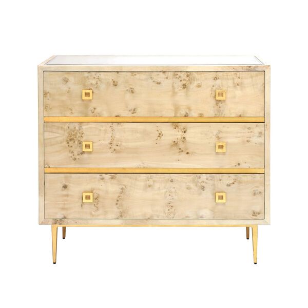 Glossy Burl Wood and Gold Leaf Three Drawer Chest | Bellacor