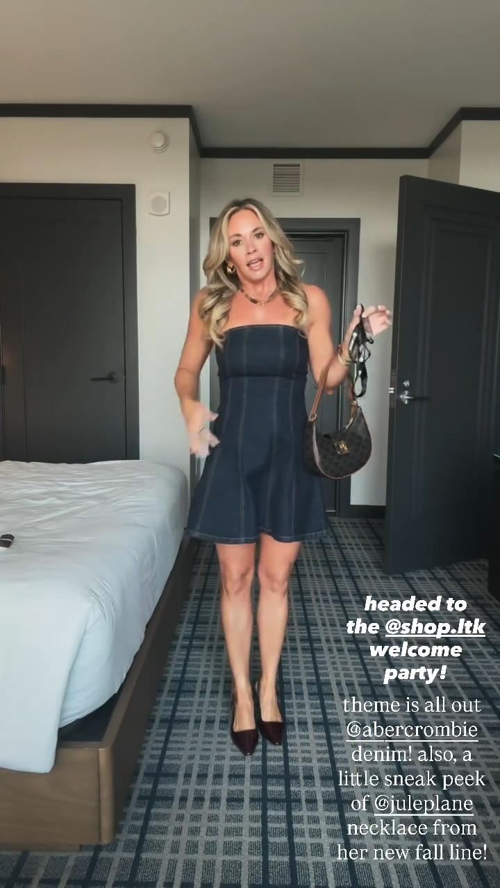 headed to the @shop.ltk welcome party!  theme is all out abercrombie denim! 

Obsessed with this dress for fall transition and date night outfits! Wearing a small regular! 

#LTKCon #LTKStyleTip #LTKSeasonal
