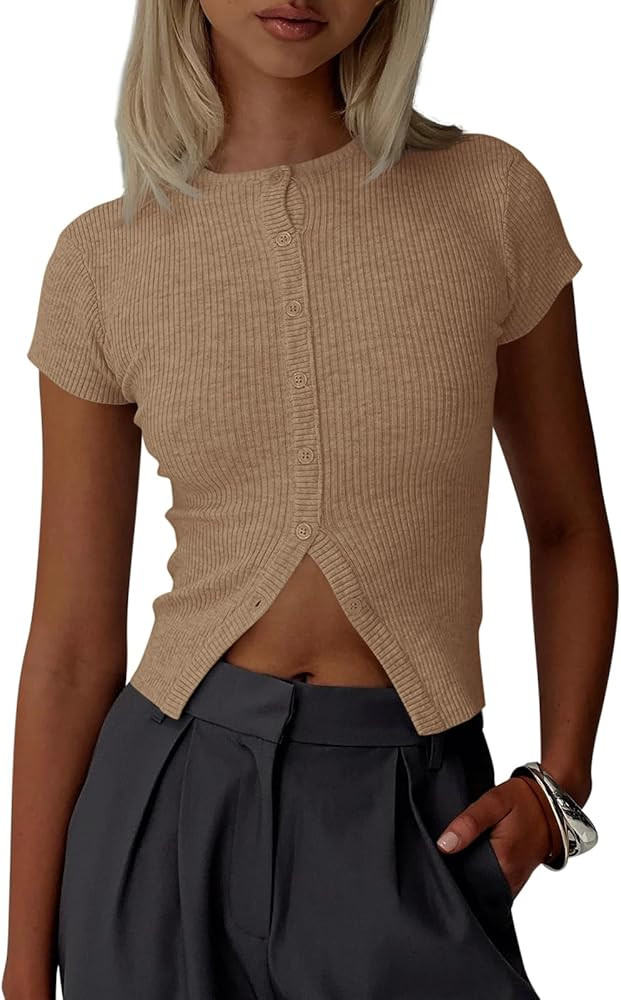 Imily Bela Womens Short Sleeve Sweater Tops Summer Button Down Casual Ribbed Knit Slim Fit Croppe... | Amazon (US)