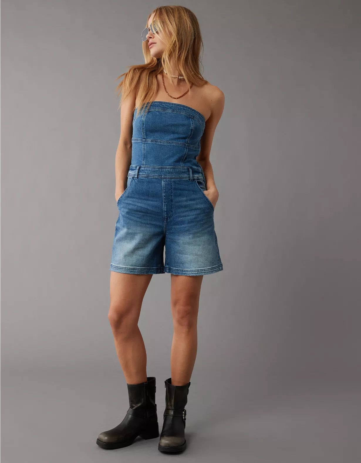 AE Strapless Denim Romper | American Eagle Outfitters (US & CA)