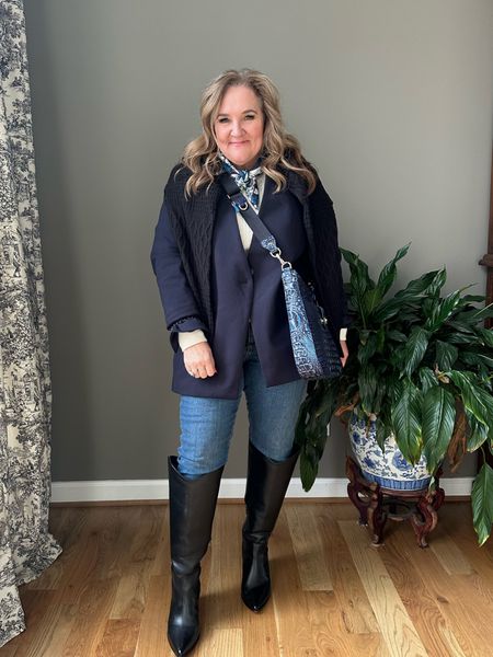 Layers. Navy spanx perfect blazer can double as your coat. I have a sweater on underneath, and a sweater layered over my shoulders. 
Blazer size XL. 10% off at spanx with code NANETTEXSPANX 

Great winter outfit wide calf boots skinny jeans Ann Taylor 

#LTKitbag #LTKover40 #LTKmidsize