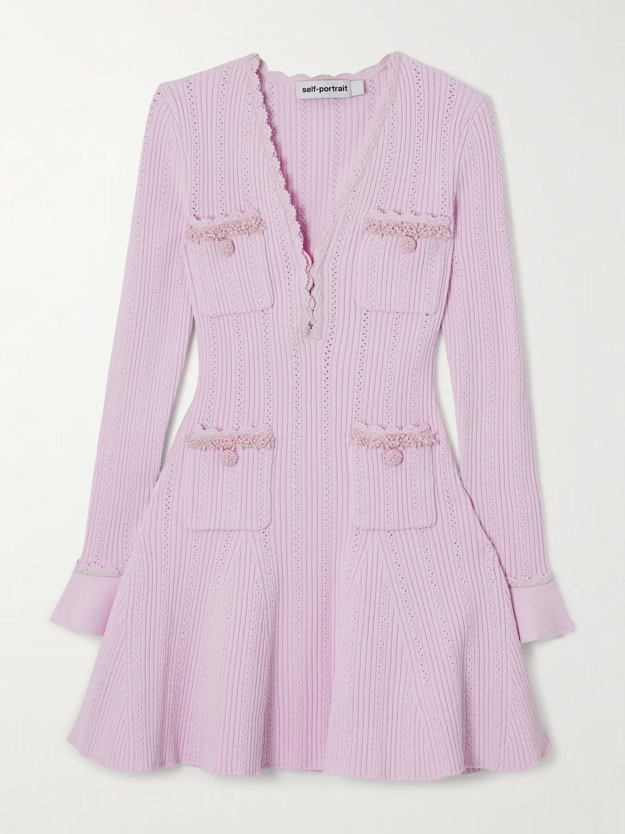 Self-Portrait - Faux Pearl-embellished Ribbed Pointelle-knit Mini Dress - Pink | NET-A-PORTER (US)