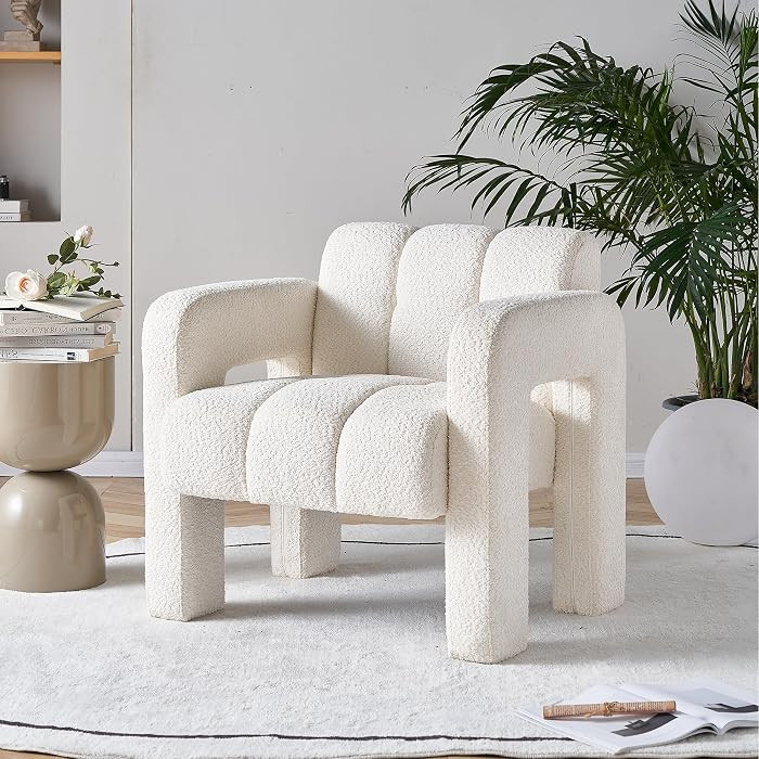 Modern Accent Chair, Boucl\u00e9 Fabric Upholstered Armchair, Comfy Single Chair for Living Room ... | Amazon (US)