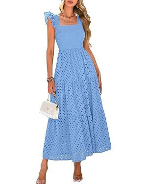 PRETTYGARDEN Womens Summer Square Neck Maxi Dresses Cap Sleeve Eyelet Smocked Tiered A Line Flowy... | Amazon (US)