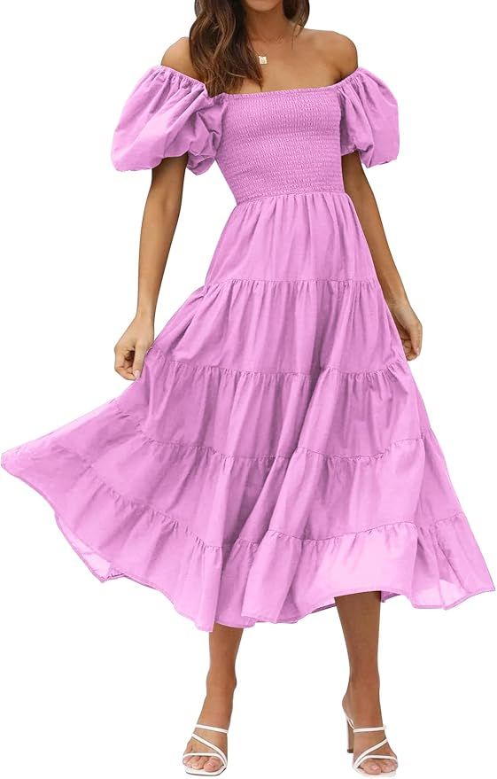 PrettyGuide Women's Off Shoulder Summer Midi Dress Short Puffy Sleeve High Waist Casual Smocked F... | Amazon (US)
