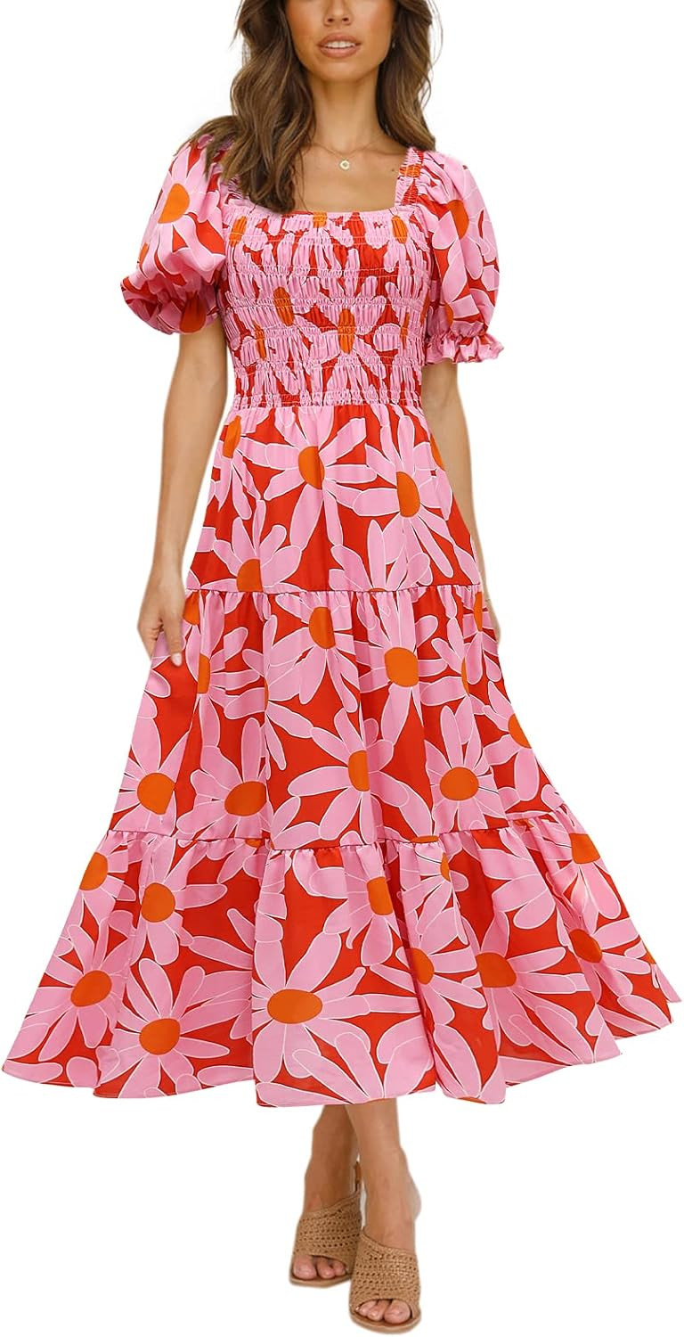 PRETTYGARDEN Women's Boho Floral Print Summer Dresses Square Neck Puff Sleeve A Line Long Dress S... | Amazon (US)