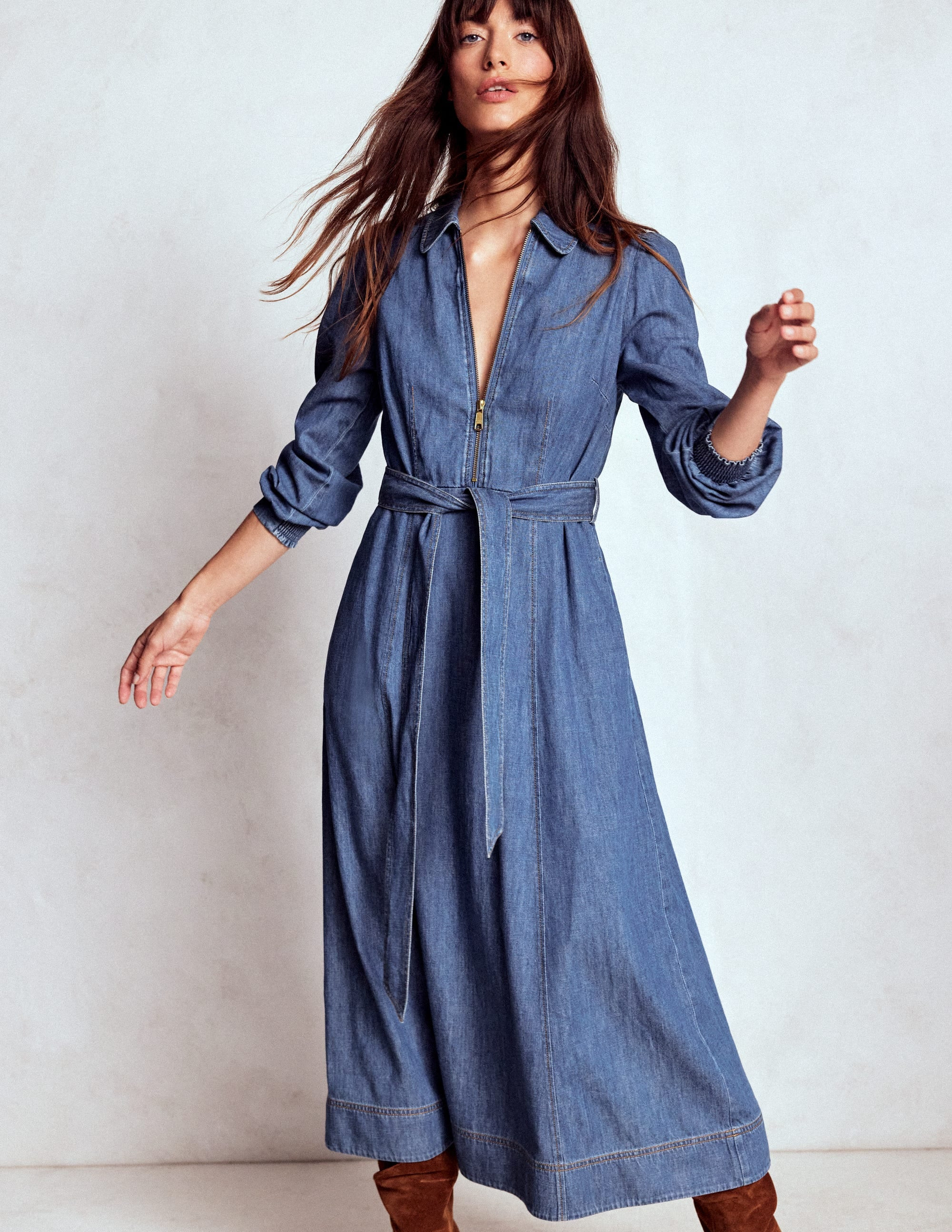 Adelaide Zip Denim Midi Dress Mid Vintage Denim Boden | Boden (US)