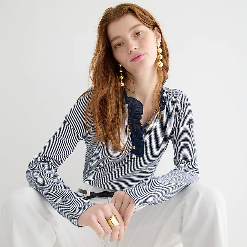 Ruffle-collar long-sleeve shirt in striped vintage rib | J. Crew US