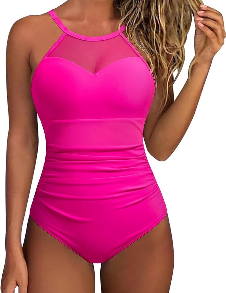 SUUKSESS Women Tummy Control One Piece Swimsuit Sexy Mesh High Neck Bathing Suit | Amazon (US)