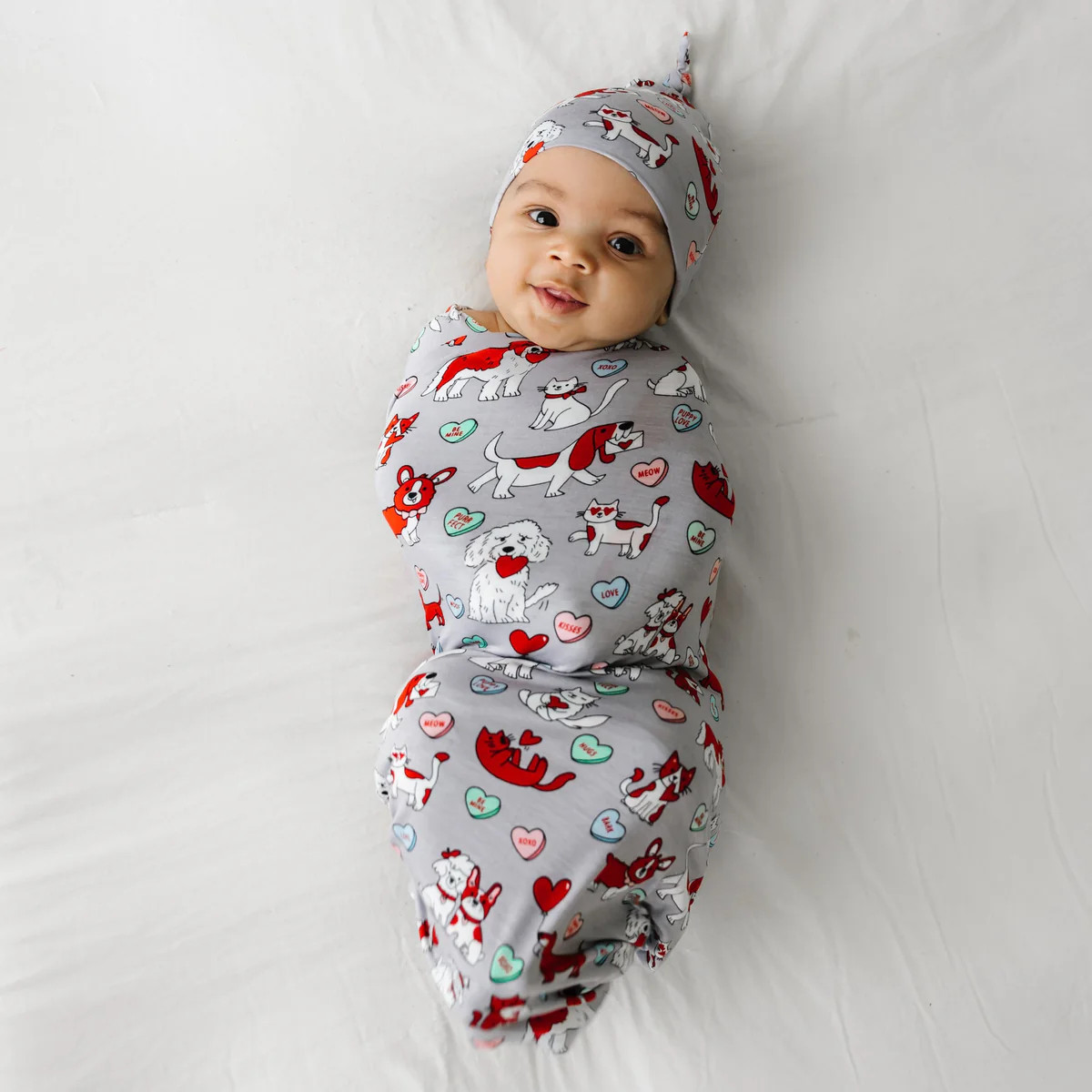 Gray Furever Valentines Bamboo Viscose Swaddle + Hat Set | Little Sleepies