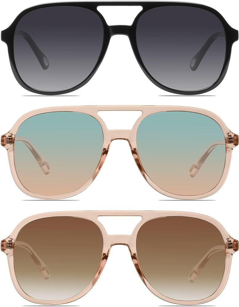 YDAOWKN Retro Square Aviator Sunglasses for Womens Mens Vintage 70s Double Bridge Sun Glasses | Amazon (US)