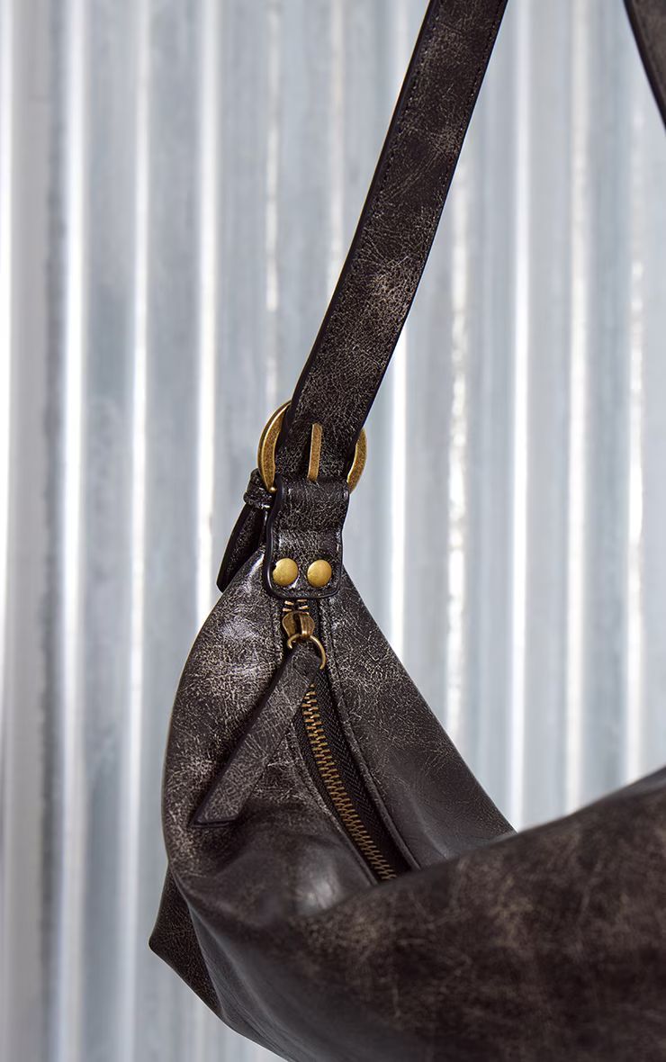 Black Distressed PU Rectangular Slouchy Shoulder Bag | PrettyLittleThing US