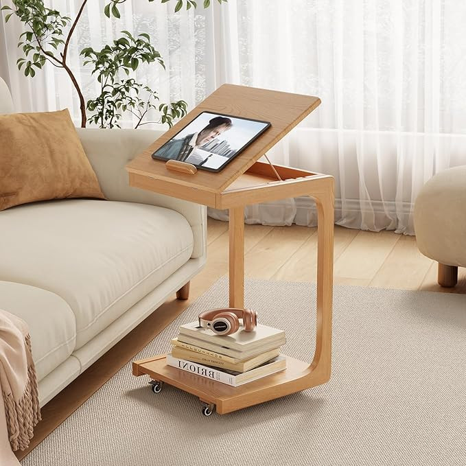 Amazon.com: AQIMUELE Wooden C-Shaped End Table,Couch Table with Adjustable Desktop,Small Rolling ... | Amazon (US)