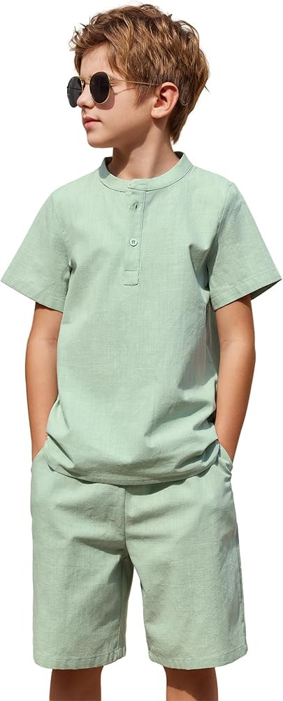 Arshiner Boy's 2 Pieces Cotton Linen Set Casual Henley Shirts Short Sleeve Beach Shorts Summer Ou... | Amazon (US)