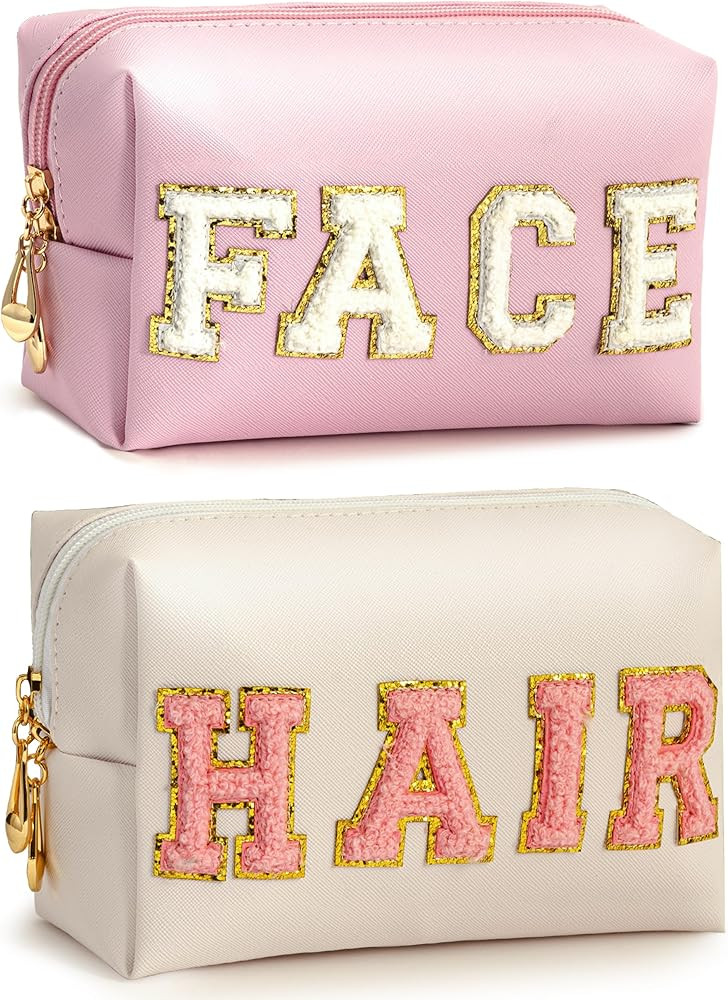 2PCS Preppy Makeup Bag for Women Travel Toiletry Bag Chenille Letter Cosmetic Bag PU Leather Wate... | Amazon (US)