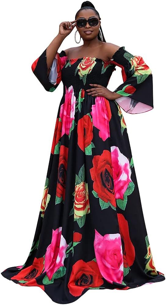Women's Plus Size Formal Floral Printed Halter Prom Dress,Bishop Sleeve Off Shoulder Draped Eveni... | Amazon (US)