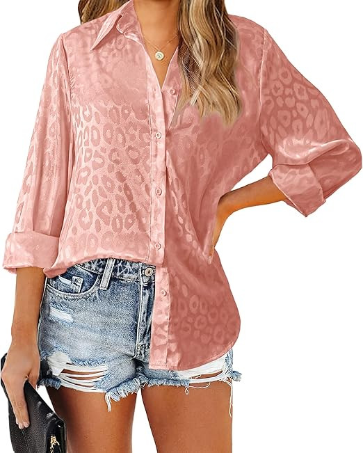 BTFBM Women's Satin Button Down Shirts Roll Up Long Sleeve Lapel V Neck Loose Casual Work Spring ... | Amazon (US)