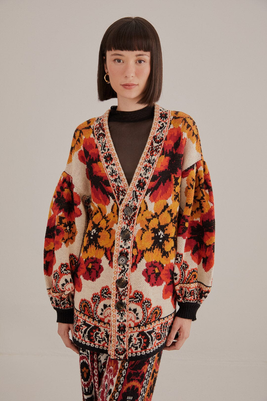 sand winter tapestry knit cardigan | FarmRio (US)