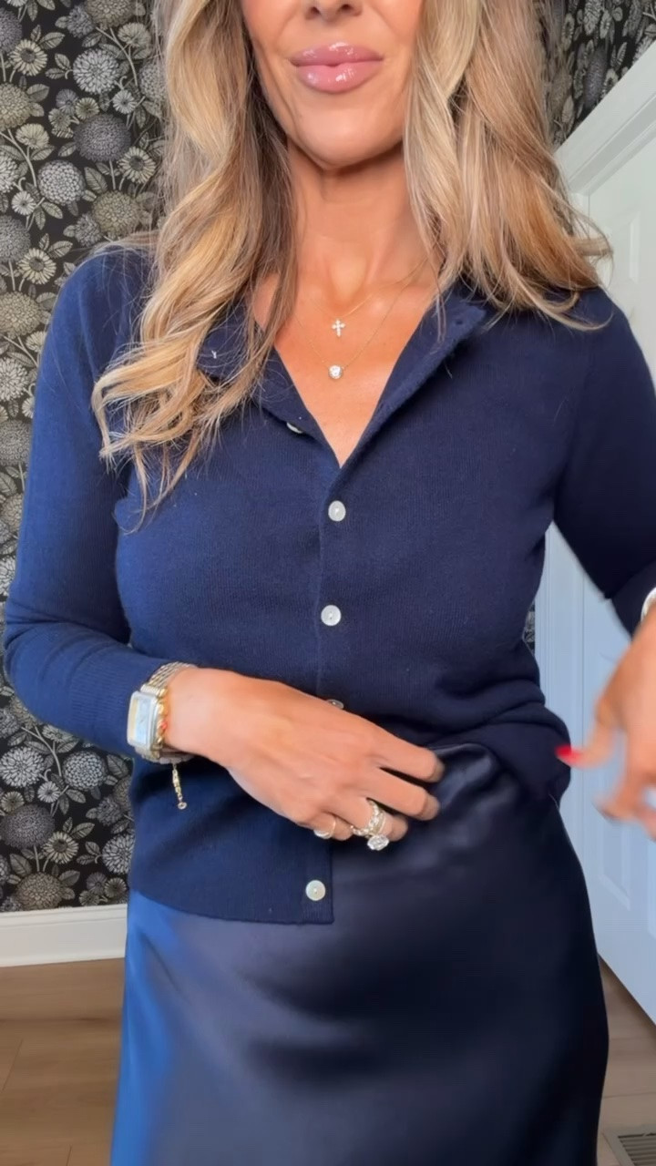 This navy cardigan and satin slip skirt combo is one of those timeless outfits that always looks polished. I love how the monochromatic styling feels elevated while still being incredibly easy to wear. Perfect for work, dinner, travel, or those days when you want to look put together with minimal effort.

navy cardigan, satin slip skirt, monochromatic outfit, elevated basics, classic style, capsule wardrobe, chic outfit, workwear style, dinner outfit, effortless fashion, navy outfit, timeless wardrobe, polished look, themominstyle

#LTKOver40 #LTKWorkwear #LTKootd