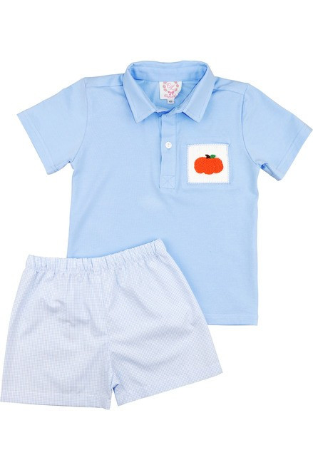 Blue Gingham Smocked Pumpkin Polo Short Set - Shipping Mid-September | Cecil and Lou