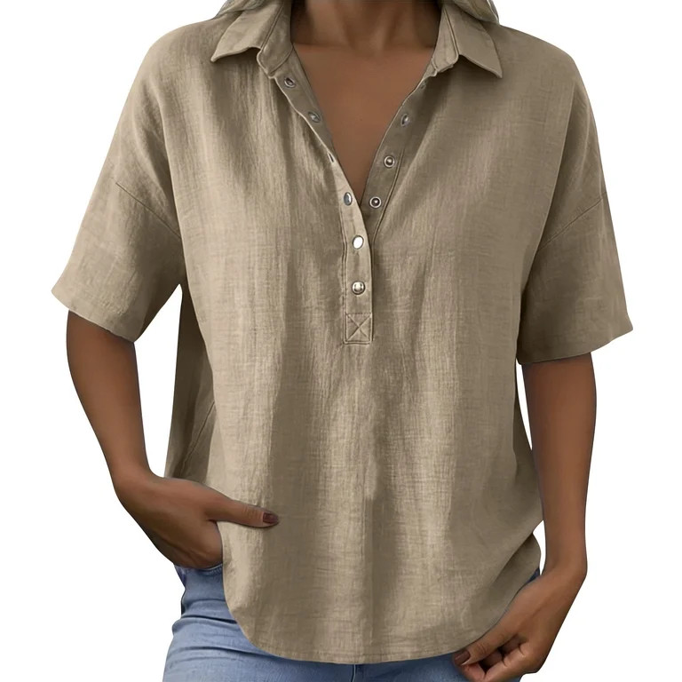 Endives Women's Linen Shirt V Neck Lapel Short Sleeve T Shirt Womens Blouse Button Down Shirt Pul... | Walmart (US)