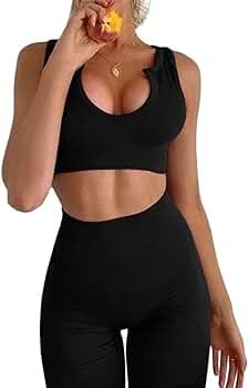 Workout Outfits for Women 2 Piece Ribbed Seamless Crop Tank High Waist Yoga Leggings Sets | Amazon (US)