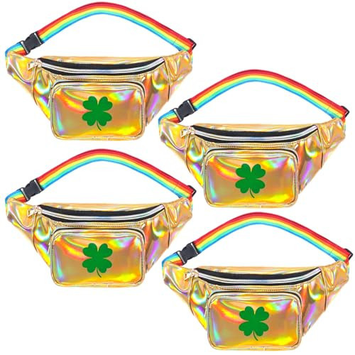Bulyoou 4 Pcs St Patrick's Day Holographic Fanny Packs Shamrock Bag Irish Purse Belt Rainbow for St Patrick's Day Party Accessories | Amazon (US)