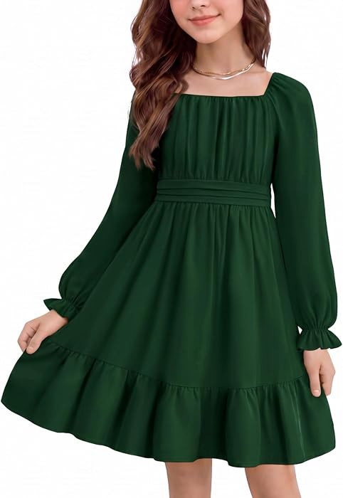 Arshiner Girls Dress Long Lantern Sleeve Square Neck High Waist Ruffle A Line Party Dress Fall Wi... | Amazon (US)