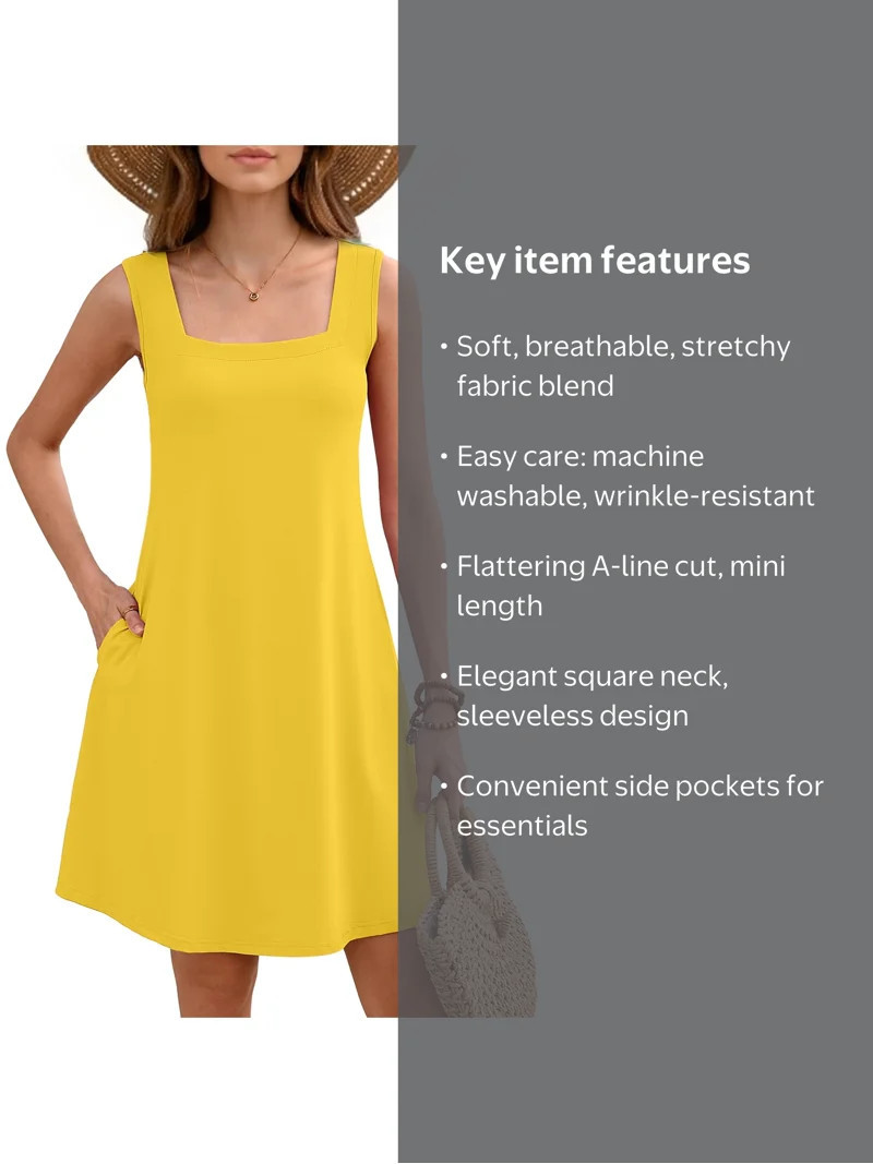 Women's Summer Square Neck Sleeveless Dress with Pockets, Yellow Casual A-Line Mini Sundress, Bea... | Walmart (US)
