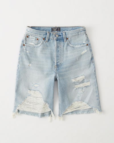 Womens High Rise Long Denim Shorts | Womens Summer Outfit Sale | Abercrombie.com | Abercrombie & Fitch US & UK