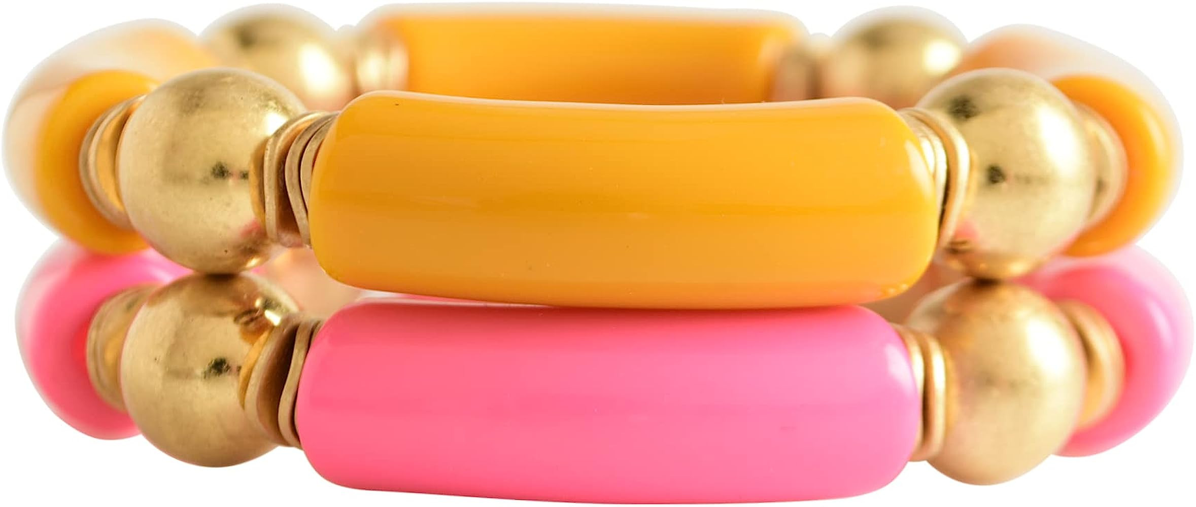 LALAPPLE Gold Plated Beaded Acrylic Bamboo Tube Bangle Bracelets for Women, Colorful Chunky Curve... | Amazon (US)