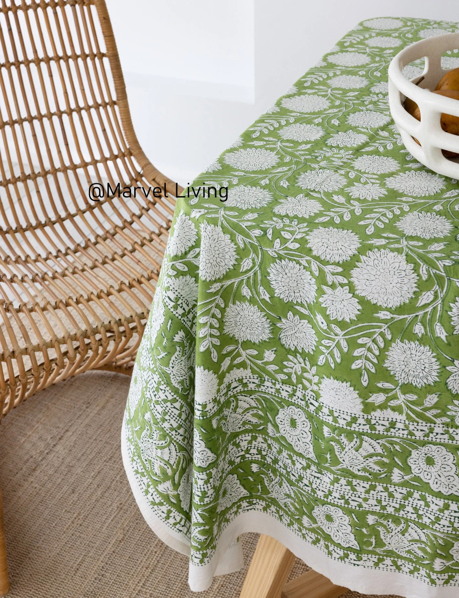 Green on White Floral Hand Block Printed Cotton Table Cloth - Etsy | Etsy (US)